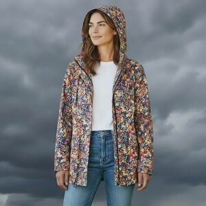 Charter Club Womens Floral Rain Jacket Water Resistant Hooded Multi Color M EUC